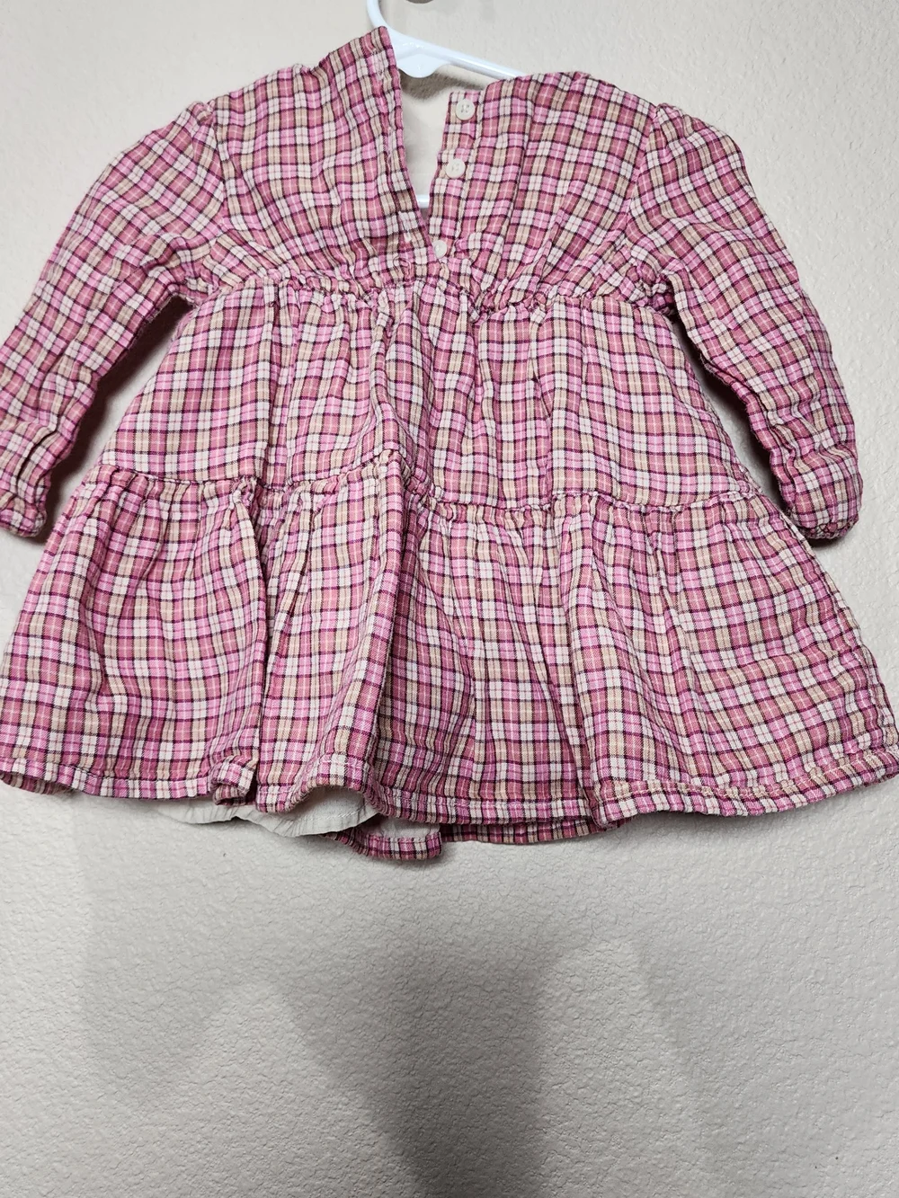Pink Cotton Plaid Long-Sleeve Girls' Peasant Dress Cottagecore